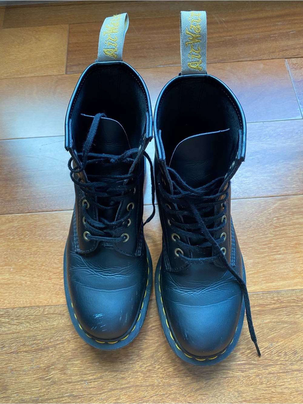 Dr. Martens Black Leather Lace-Up Boots with Yellow Heel Loops